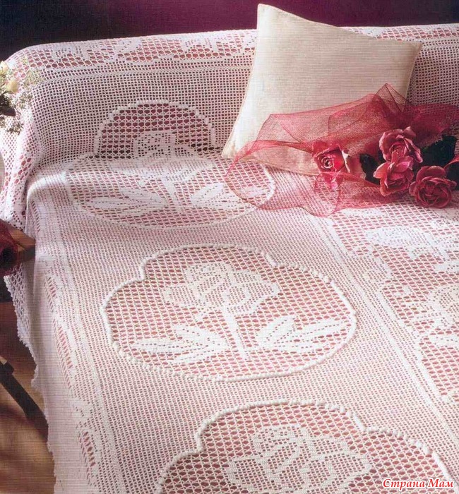 Вязаный плед с розами - Филейное кружево - Страна Мам