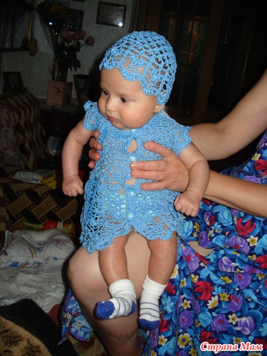 Синее ажурное платье для крошки (3 мес) и шапочка
